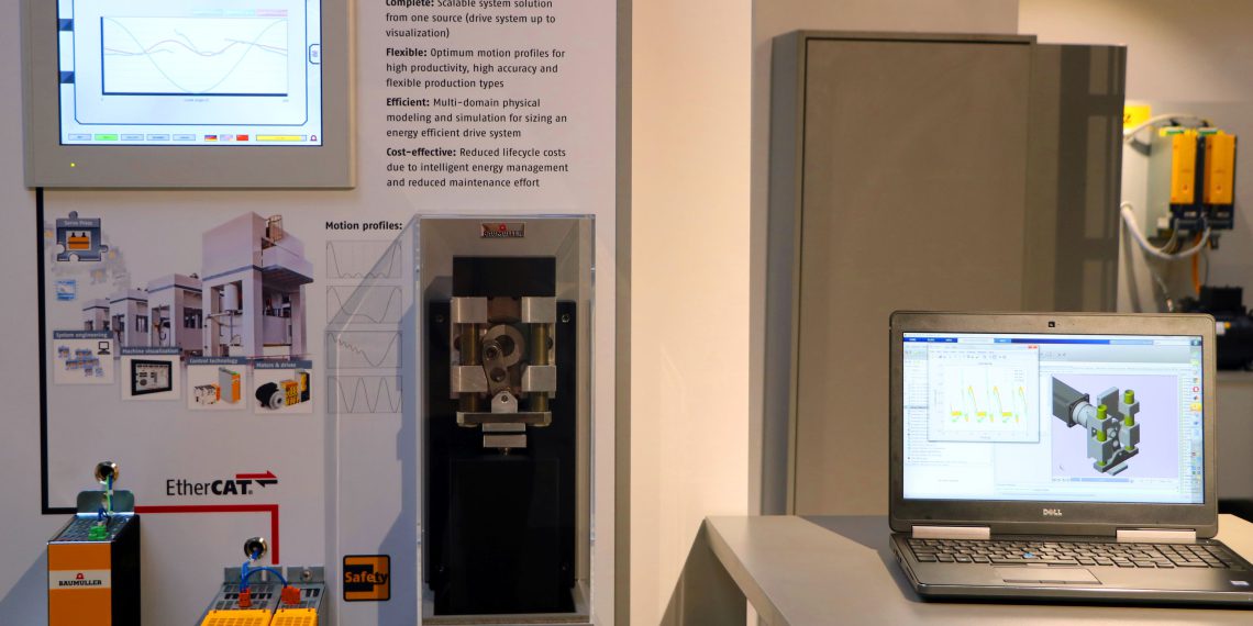 Die Servopresse wurde bereits vorab simuliert und so optimal auf die Anforderungen des Maschinenbauers ausgelegt. Das Bewegungsprofil der realen Servopresse (links als Messepräsenter dargestellt) ist nahezu identisch zu seinem digitalen Zwilling, der simulierten Version (rechts). Der Kunde profitiert dabei neben signifikant verkürzten Entwicklungszeiten auch von einer schnelleren und einfacheren Inbetriebnahme.