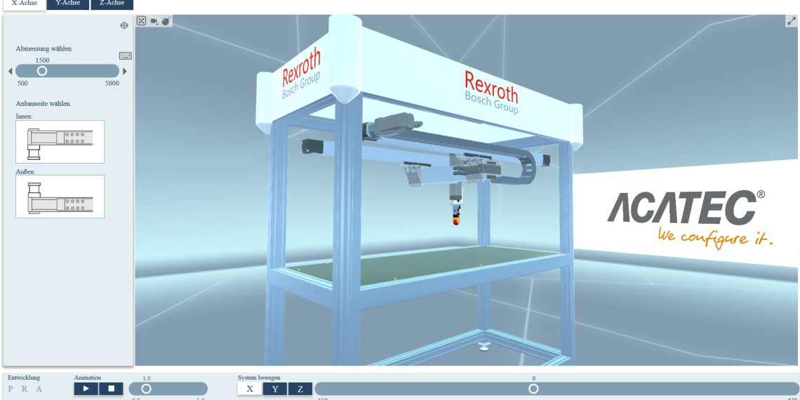 Die vier Achsen eines Greifroboters sind spielerisch leicht zu konfigurieren. Das Ergebnis ist sofort sichtbar; die eigene Position veränderbar: Das geht mit dem neuen Web 3D-Showroom von ACATEC; auszuprobieren am Stand von Bosch Rexroth auf der Hannover Messe in der Halle 17, A 40.