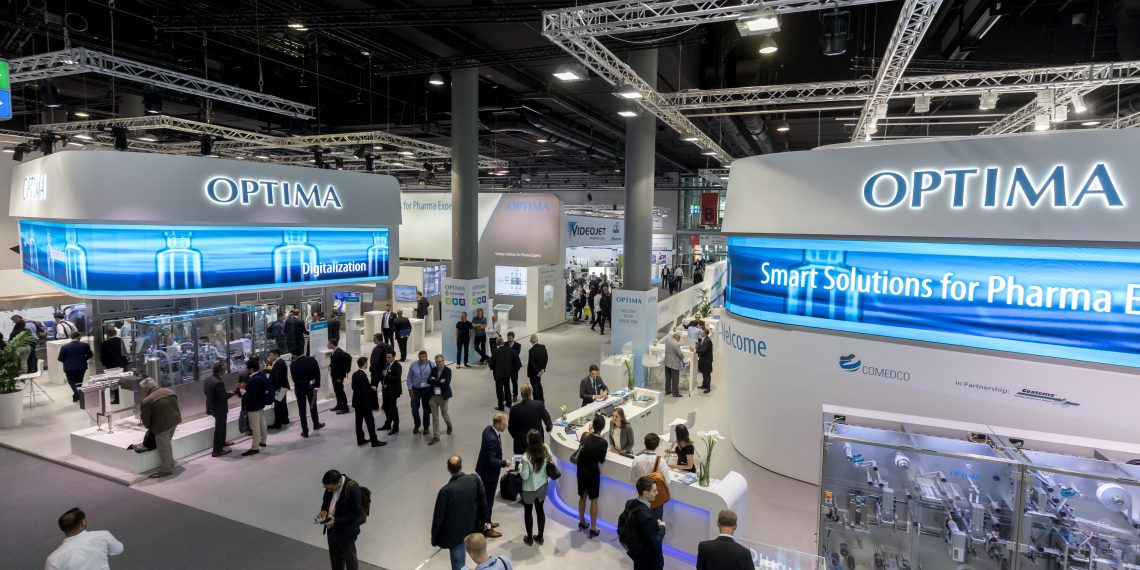 Messestand der Fa. Optima Pharma auf der Messe Achema 2018 am 13.06.2018 in Frankfurt am Main, Hessen, Deutschland, Europa.
