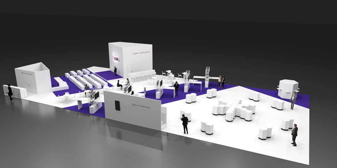 Entwurf für die Sonderschau „Digitale Transformation“ auf der analytica 2020, Halle B2. (Bild: Messe München)