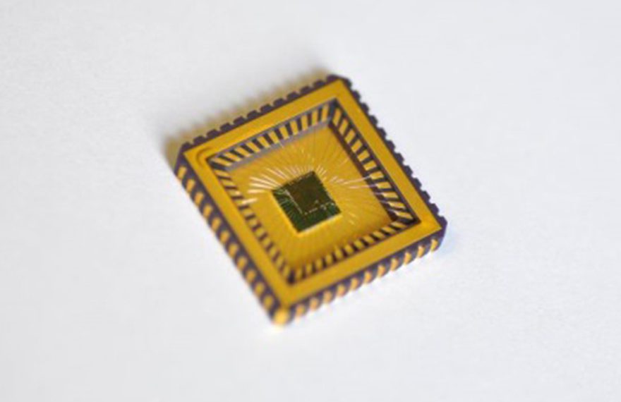 Der am Fraunhofer IMS entwickelte »IMS-CAP51« in einem CLCC44 Keramikgehäuse montiert. Ein solcher Chip kommt bei der kapazitiven und induktiven Sensorauslese zum Einsatz. Bild: Fraunhofer IMS