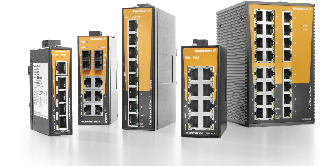 Die neuen Ethernet Switches von Weidmüller sind speziell für kleinere Industrie¬netzwerke entwickelt – für eine sichere, zuverlässige Kommunikation zwischen Ethernet basierten Maschinen und Anlagen sowie die Anbindung von Ethernet Geräten an ein übergeordnetes Netz. (Bild: Weidmüller)