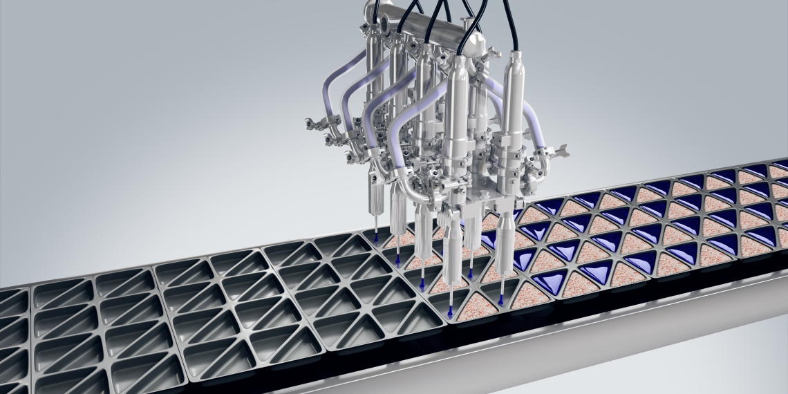Rendering Viscotec Hygienic Dispenser beim Abfüllen von Geschirrspültabs. (Bild: Viscotec)