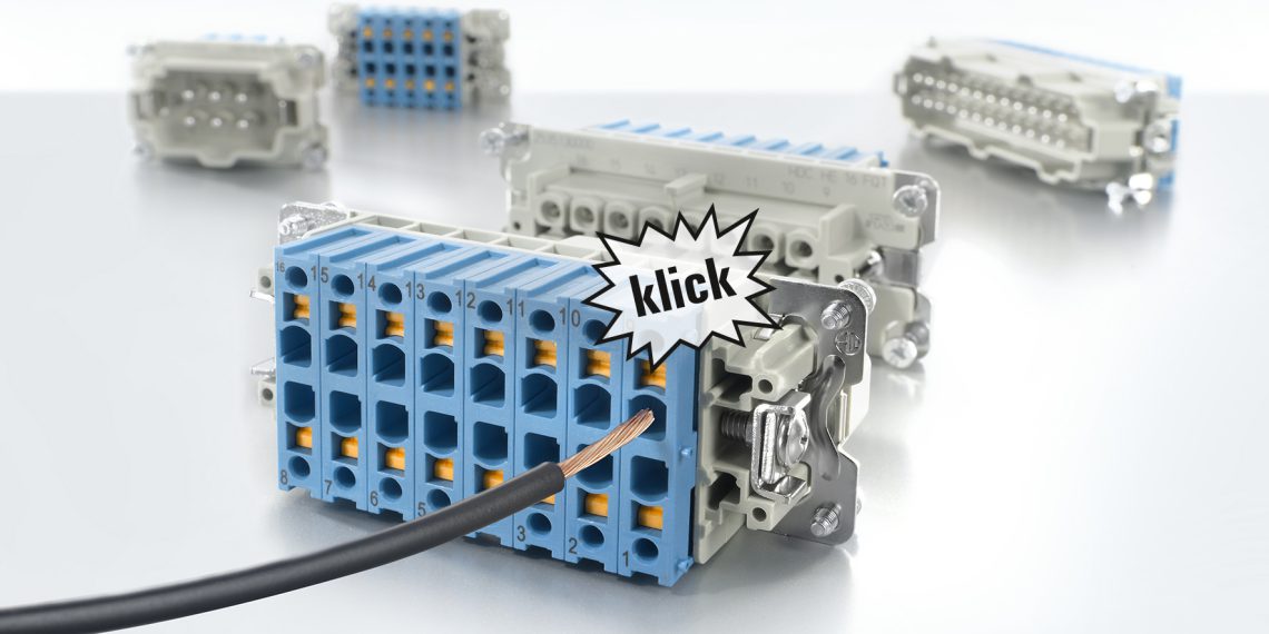 HDC-HE-QT-Einsätze mit Quick-Termination Anschluss-Technologie revolutionieren die Verdrahtung von schweren Steckverbindern. Einfach den abisolierten, flexiblen Leiter in die Klemmstelle stecken – Klick. Fertig. Bild: Weidmüller