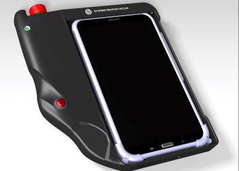 Eine Hülle als universal funktional sichere Fernbedienung für Arbeitsmaschinen, die für Smartphones, Tablets und PCs geeignet ist. Die Hülle ist mit entsprechenden notwendigen Sicherheitsfunktionen ausgestattet. (Bild: Brehmermechatronics)