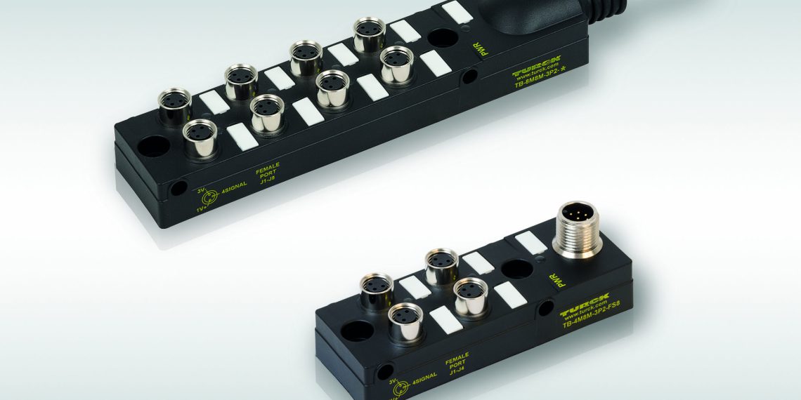 Die kompakten Passivverteiler mit M8-Anschlüssen eignen sich für enge Applikationen.