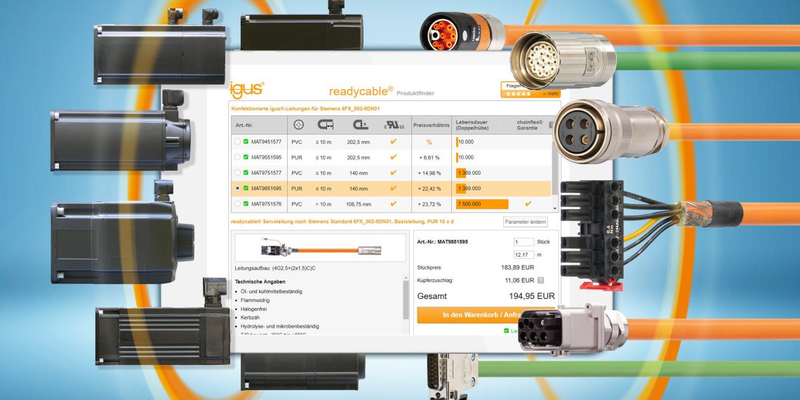 Mit dem weiterentwickelten readycable Produktfinder kann der Anwender jetzt seine optimale Lösung aus 4.200 konfektionierten Antriebsleitungen nach 24 Herstellerstandards schnell finden, die Lebensdauer berechnen und in Wunschlänge bestellen. Bild: Igus